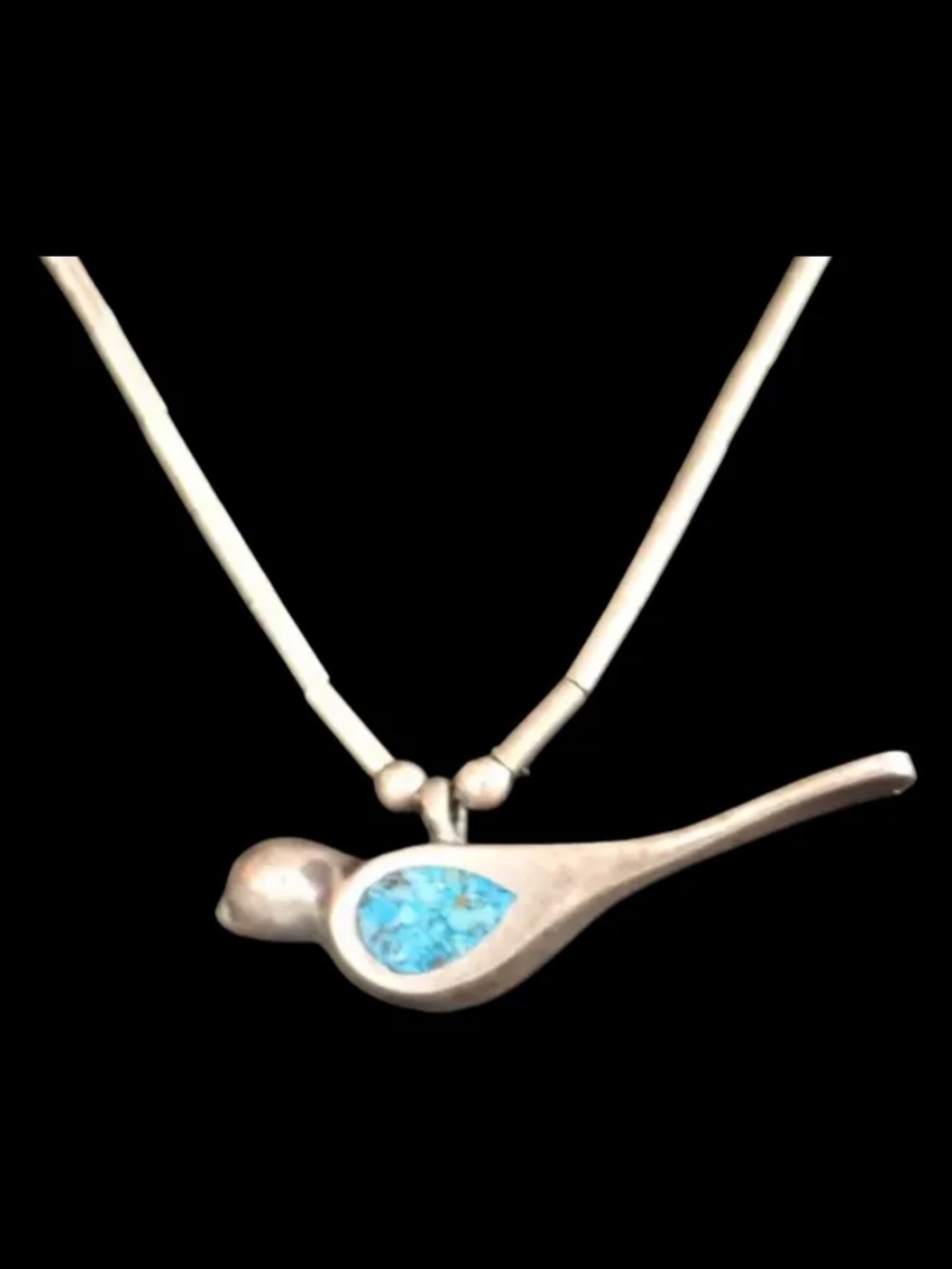 Zuni Native American Sterling Silver Turquoise Chip Bird Pendant Necklace 15"